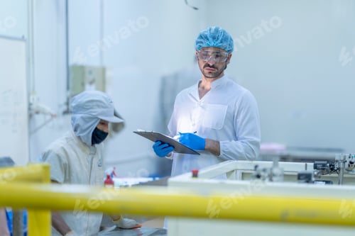 Preview: A food processing supervisor in protective gear inspecting packaging materials