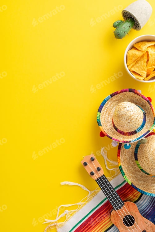 Preview: Cinco de Mayo festive arrangement. Vertical top view glance at iconic items