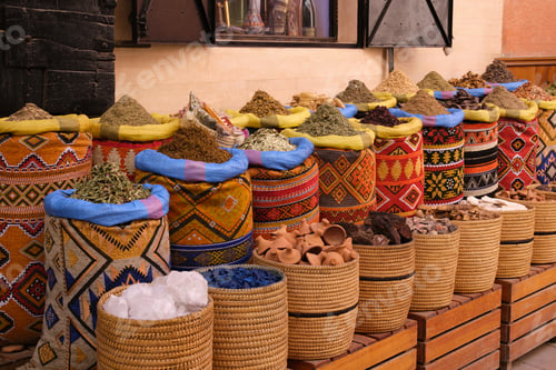 Preview: Moroccan spice market selling aromatic herbs in marrakech souk