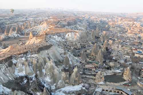 Preview: Cappadocia Turkey landscape at sunrise. Top view aerial photography