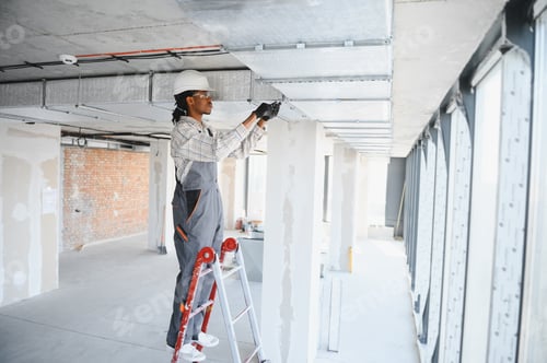 Preview: Construction worker installing ventilation system on a ladder