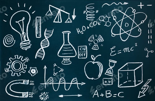 Preview: Chemist and mathematical drawings on blackboard background