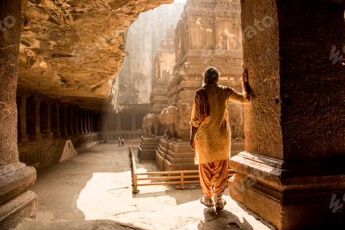 Preview: Hindu Sadhu the holy men visiting the Kailasa Temple, Ellora caves, UNESCO world heritage side.