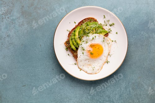 Preview: Keto breakfast fried egg, avocado and bread in a white plate. Keto diet concept.