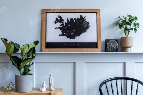 Preview: Interior design of living room with mock up poster map.