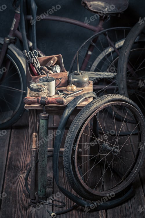 Preview: Small bicycle repair workshop with spare parts. Repair shop
