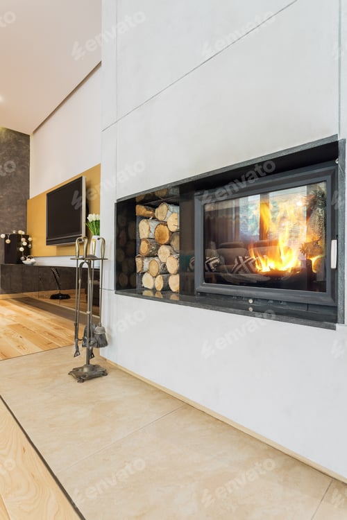 Preview: Modern minimalist fireplace in villa