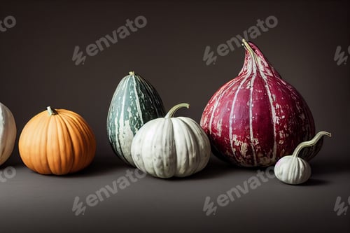 Preview: different gourd colours and shapes side by side on a studio minimal photoshoot, dark background