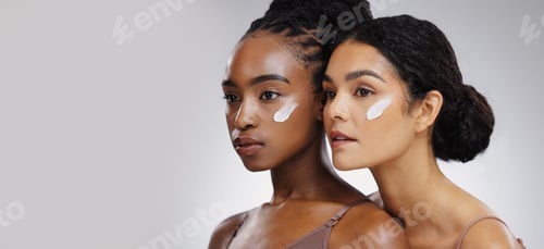 Preview: Skincare, face cream and women in studio for natural, wellness and facial routine with health glow.