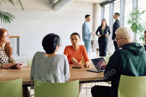 Preview: A diverse team of business professionals engaged in a discussion around a conference table in an