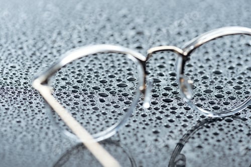 Preview: close up view of eyeglasses and water drops on grey backdrop
