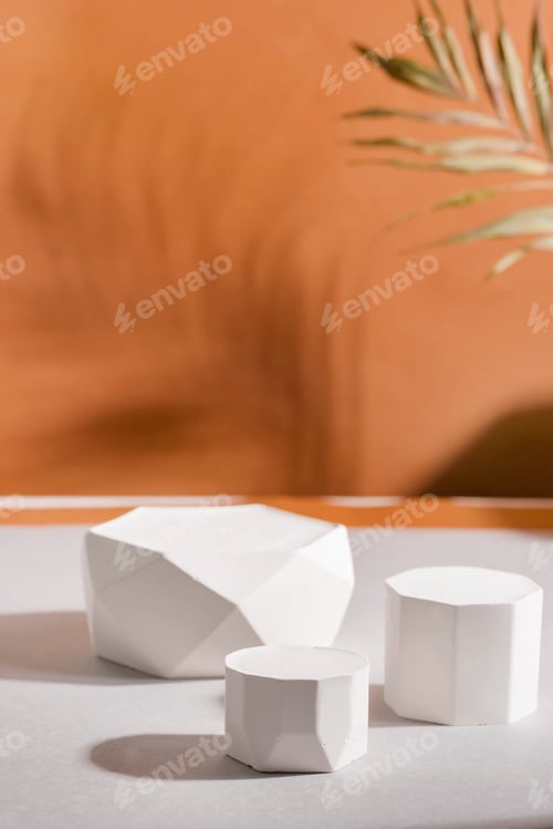Preview: minimal abstract geometric podium scene on paper duotone brown gray background