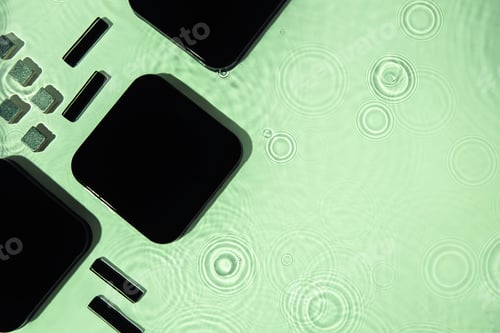 Preview: Abstract black geometric figures composition on transparent green clear water