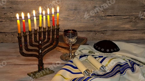 Preview: Jewish holiday, Holiday symbol Hanukkah Brightly Glowing Hanukkah Menorah Shallow Depth of Field