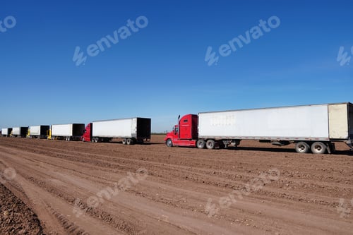 Preview: multiple trucks lined up in a harvest lot of a transport and shipping company, ready to go.