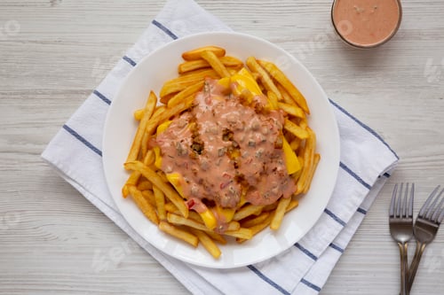 Preview: Homemade Animal Style French Fries on a white plate on a white wooden background, top view.