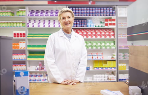 Preview: Pharmacy, smile and portrait of woman at counter in drugstore, happy customer service and advice in