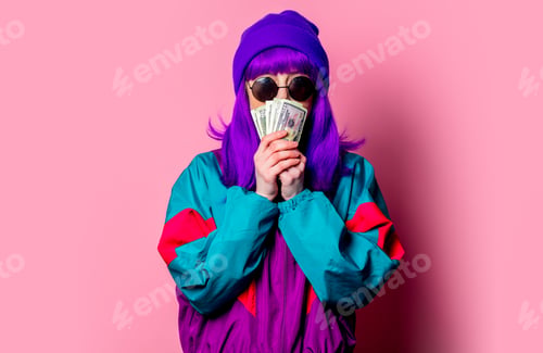 Preview: Stylish white girl with purple hair and 80s tracksuit hold cash money