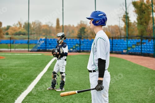 Preview: Two teenage boys enjoying a game of baseball on a vibrant field in autumn