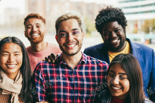 Preview: Young diverse people having fun outdoor laughing together - Focus on gay man wearing makeup