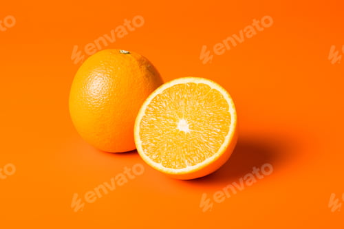 Preview: Closeup shot of a ripe and a half-cut orange on orange background