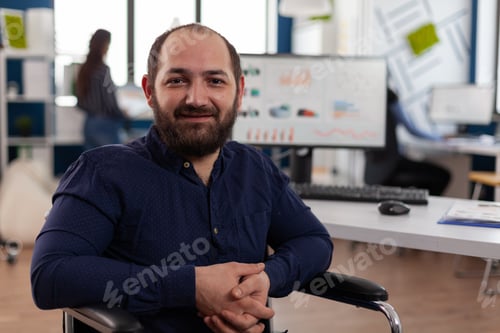 Preview: Portrait of paralyzed disabled businessman in wheelchair working at business partnership