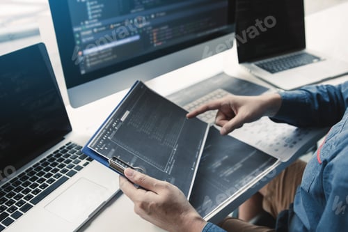 Preview: man working code program developer computer web development working design