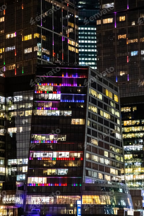 Preview: glass towers in Moscow city district in night