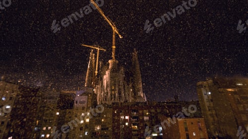 Preview: Night view of Sagrada Familia and houses in Barcelona, Spain