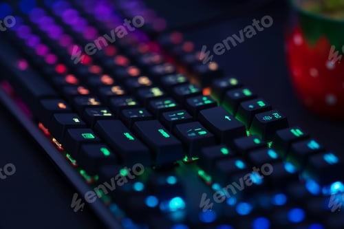 Preview: Close up of Computer RGB gaming keyboard, Illuminated by colored LED