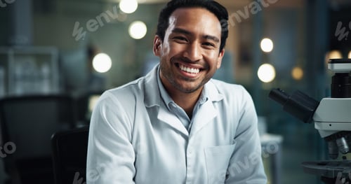 Preview: Man, scientist and portrait with smile, vaccine work and professional with confidence from research