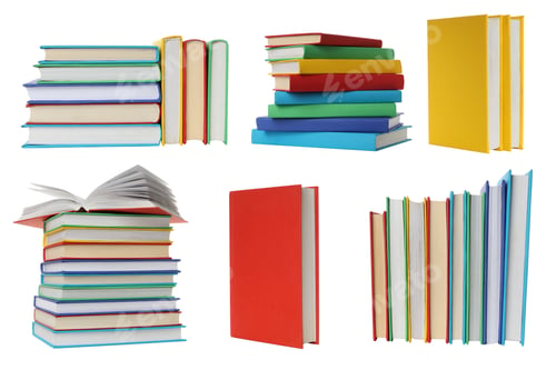 Preview: Set, Colorful books are stacked on a white surface