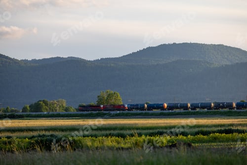 Preview: Train on railroad tracks in a scenic mountain meadow
