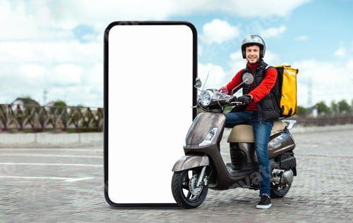 Preview: Delivery rider with a smartphone app at a delivery hub on a sunny day