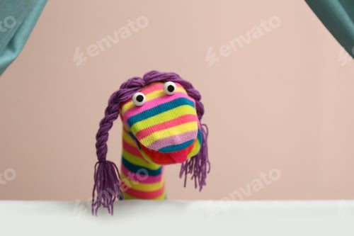 Preview: Creative puppet show on white stage indoors, closeup
