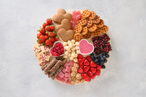 Preview: Charcuterie Valentines Day board with chocolate sweets.