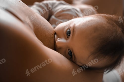 Preview: Mom, mummy, young mother with little baby daughter. Breast-feeding. Mum feeding child with breast mi
