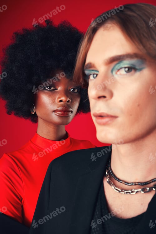 Preview: Makeup, beauty and portrait of people with diversity in fashion on red background in studio with cr