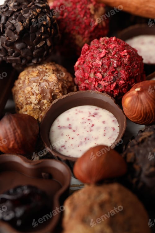 Preview: Tasty chocolate candies all over background, close up