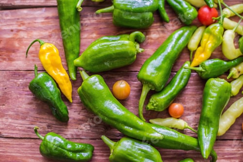 Preview: Closeup shot of fresh vegetables: peppers, tomatoes on wooden background