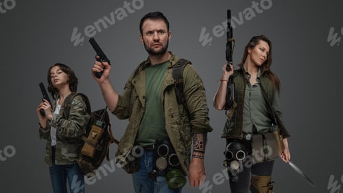 Preview: Man survivor with little girl and woman against gray background