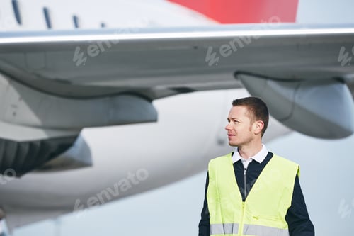 Preview: Member ground crew worker at the airport checking airplane before flight.