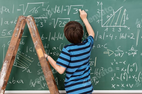 Preview: Highly Intelligent Little Boy In The Classroom Standing On A Stepladder To Reach A Complex