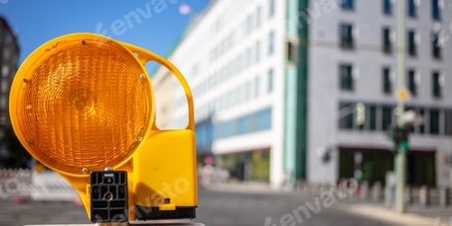 Preview: Road construction concept. Orange reflector caution light. Blur city background, space, banner.