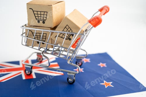 Preview: Shopping cart import export and stethoscope on New Zealand flag.