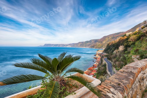 Preview: Awesome seaside and village Scilla with old medieval castle on rock Castello Ruffo,