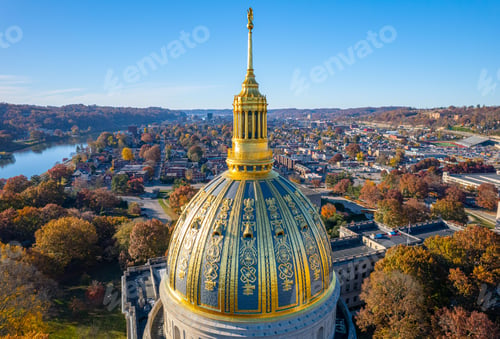Preview: Aerial view of the West Virginia State Capitol Building and downtown Charleston with fall foliage