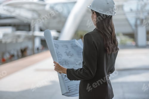 Preview: Expert female architect reviews Skytrain site, cross referencing blueprint for project approval.