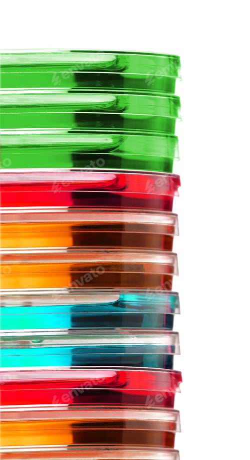 Preview: Stack of colorful Petri dishes isolated