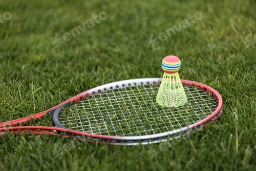 Preview: close up of shuttlecock on badminton racket lying on green grass